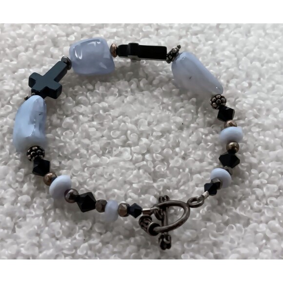 Artisan Sterling Silver Blue Lace Agate & Black Onyx Cross Bracelet 7.5 in - Picture 7 of 11